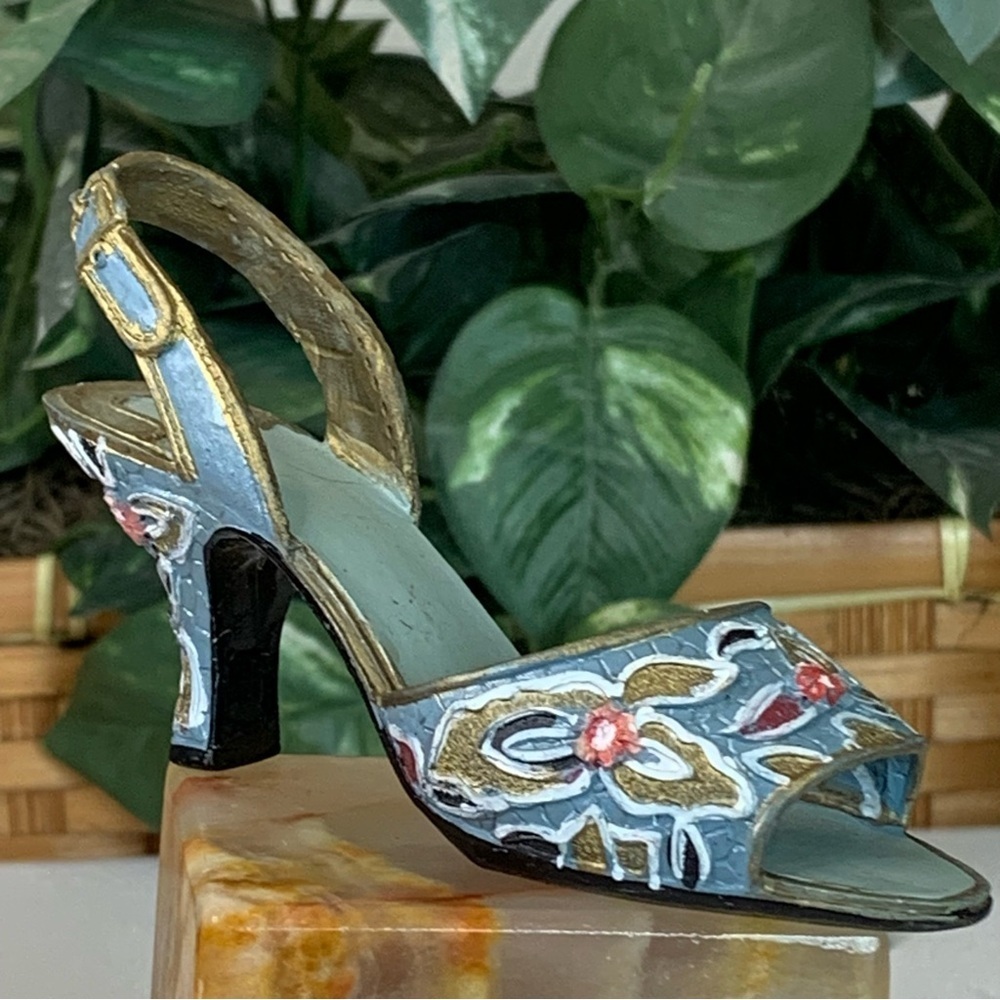Miniature Blue Floral Shoe Sandal Slingback Fashion Figurine Detailed 4.2" VTG